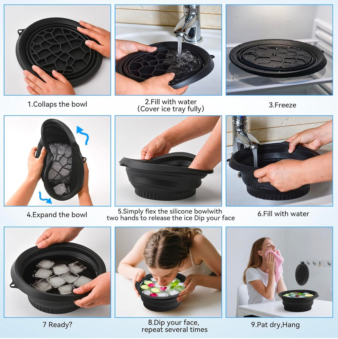 Collapsible Silicone Bowl with Built-in Icetray for Home Ice Water Facials